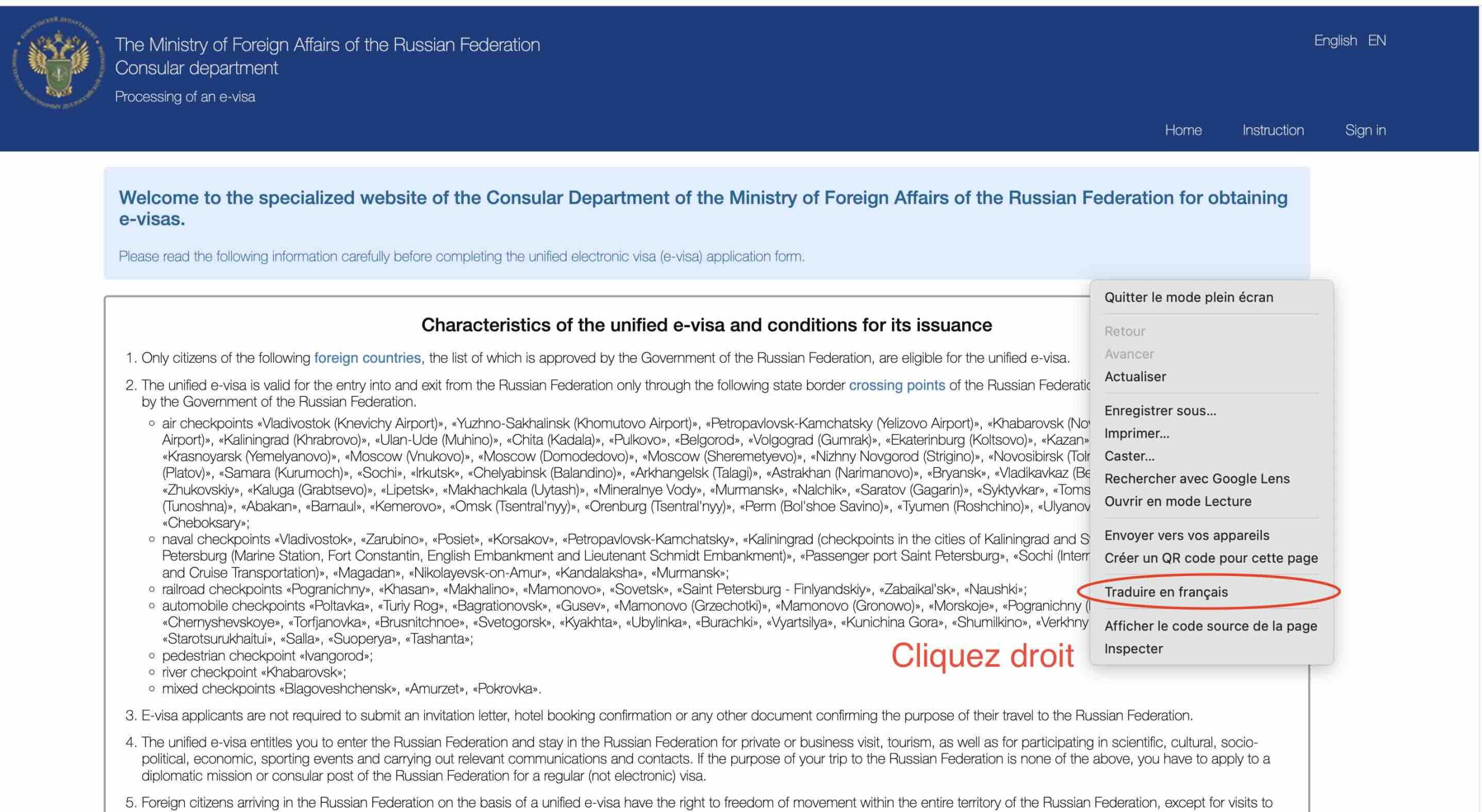 Evisa russe - Traduire en français le site du ministère des affaires étrangères russe